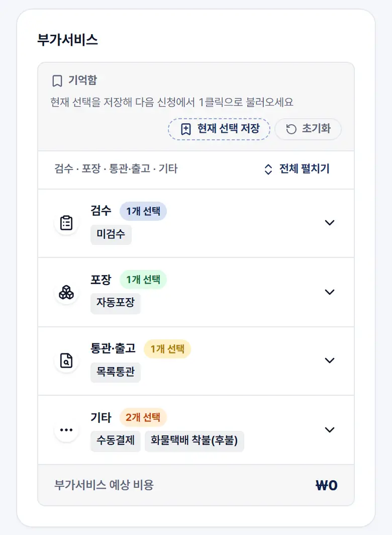 부가서비스 — 검수, 포장, 통관·출고, 기타 항목과 예상 비용